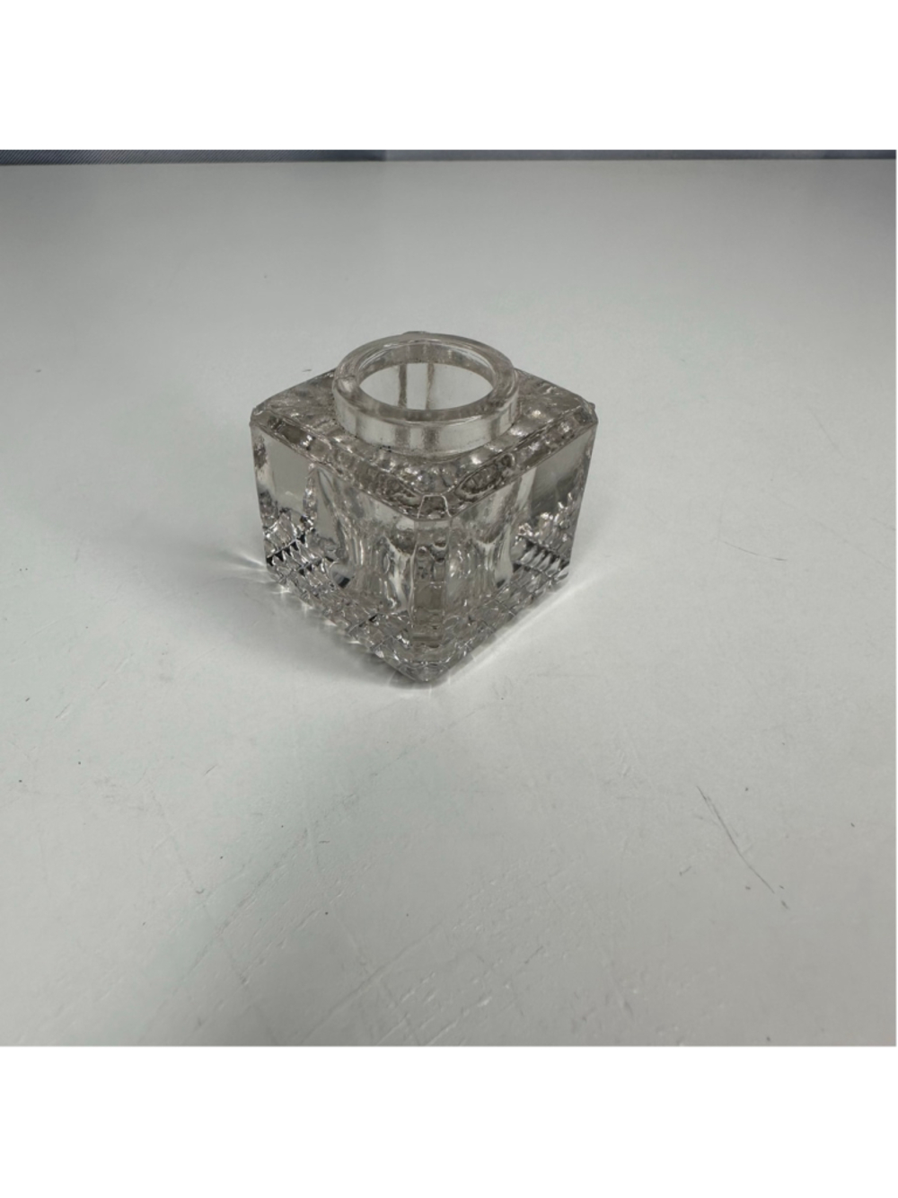 Vintage Heavy Clear Glass Crystal Square Inkwell / Paperweight Desk Pen Holder